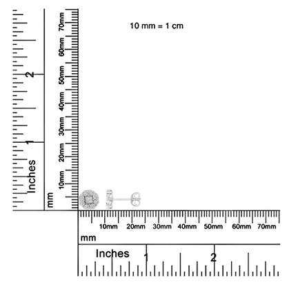 Close-up side and front view of white metal stud earrings with round and princess shaped white gemstones, shown on a ruler for size reference.