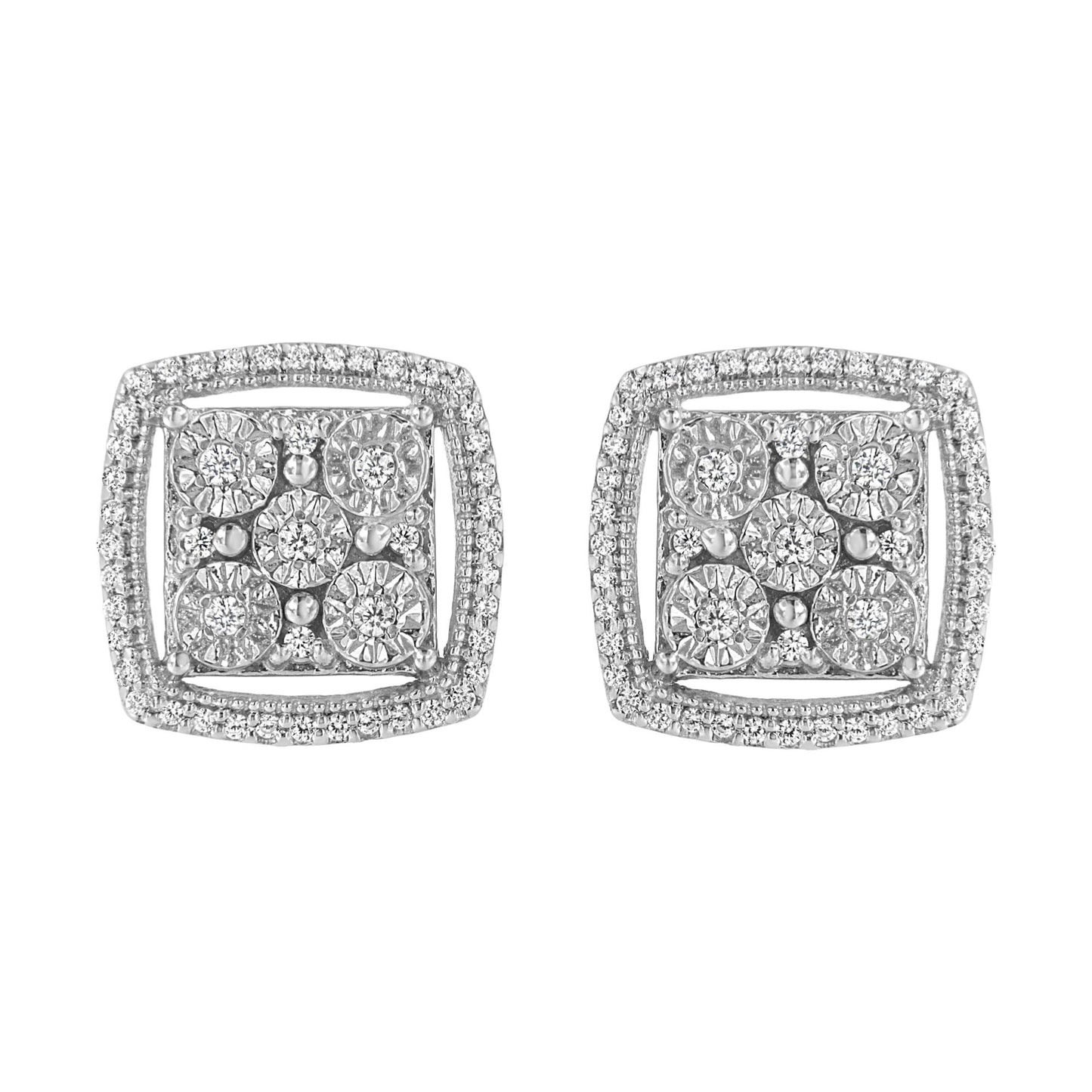 Pair of square-shaped white metal earrings with multiple round white gemstones set in a miracle setting, shown from a front angle.
