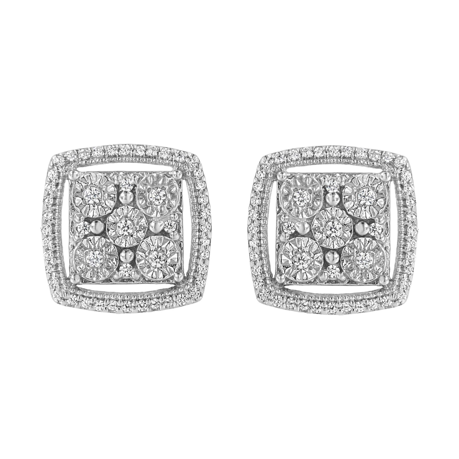 Pair of square-shaped white metal earrings with multiple round white gemstones set in a miracle setting, shown from a front angle.