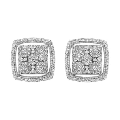 Pair of square-shaped white metal earrings with multiple round white gemstones set in a miracle setting, shown from a front angle.
