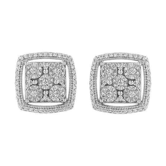 Pair of square-shaped white metal earrings with multiple round white gemstones set in a miracle setting, shown from a front angle.