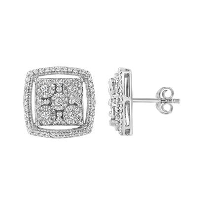 Pair of white metal square-shaped stud earrings with round white gemstones in miracle setting, shown from front and side angles.