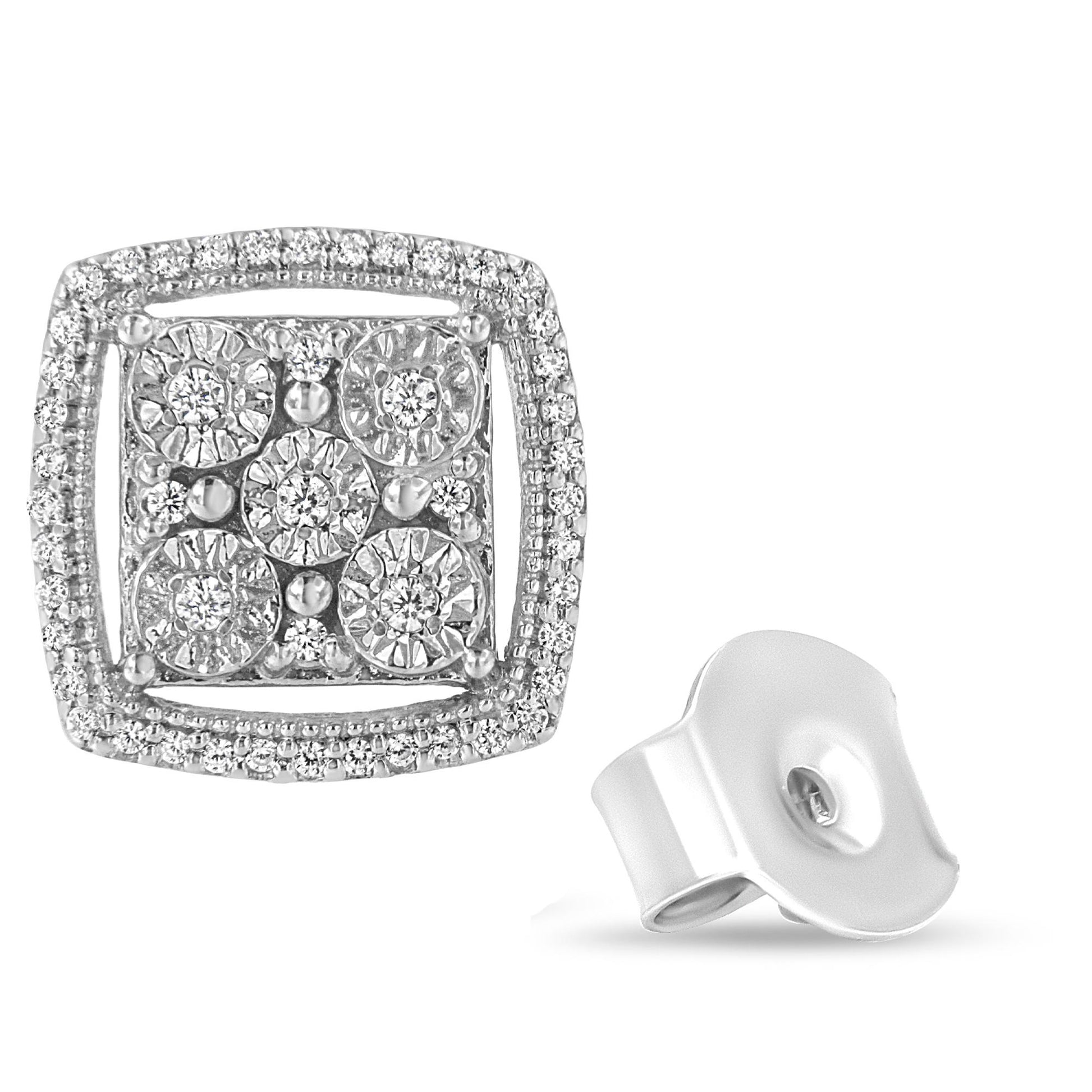 Close-up front and back view of a square-shaped white metal earring with round white gemstones set in a clustered pattern and a halo border.