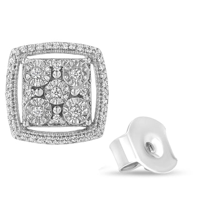 Close-up front and back view of a square-shaped white metal earring with round white gemstones set in a clustered pattern and a halo border.