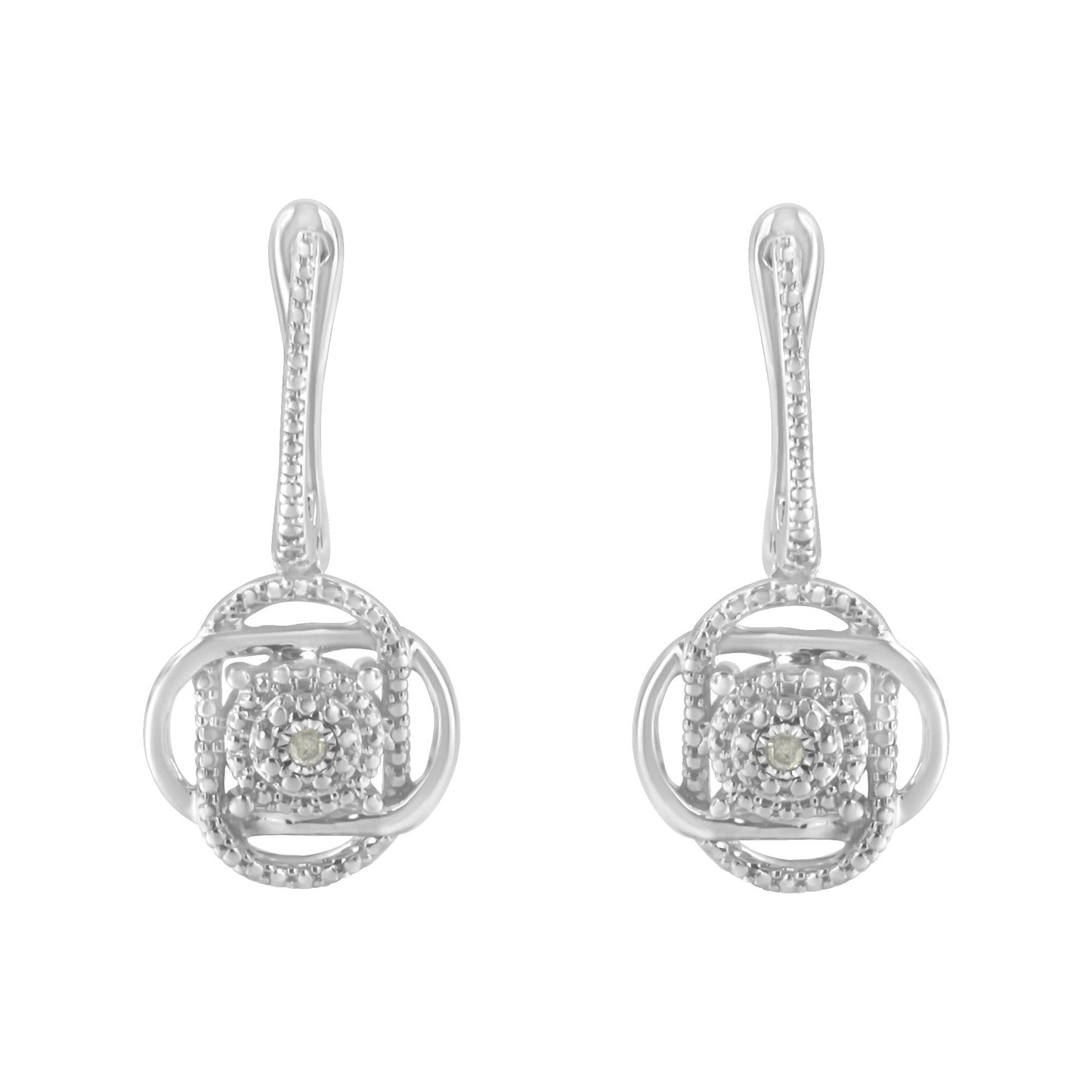 Front view of a pair of white metal drop earrings with circular and square designs, each featuring a round white gemstone in a miracle setting.