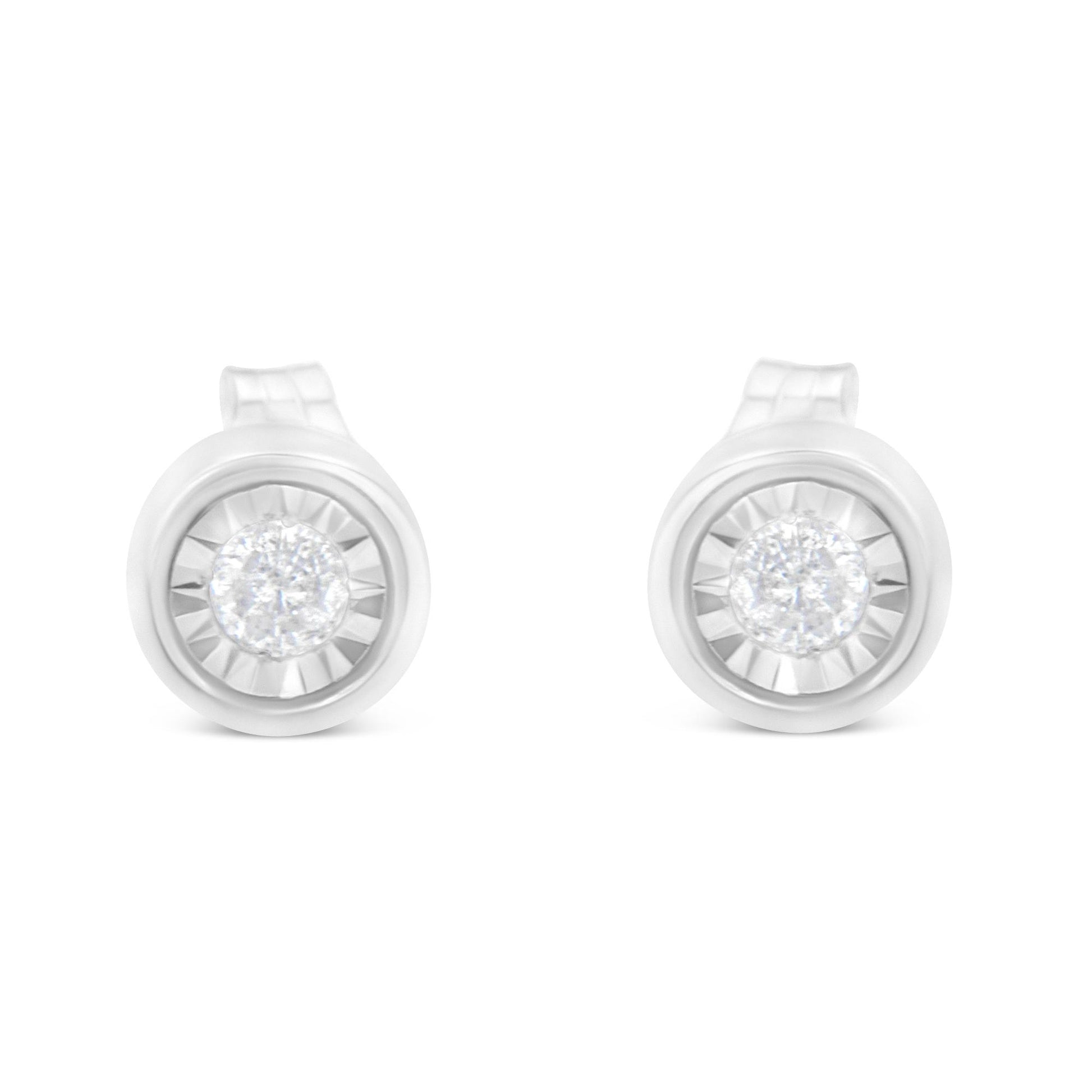 Front view of round white gemstone stud earrings in white metal setting.