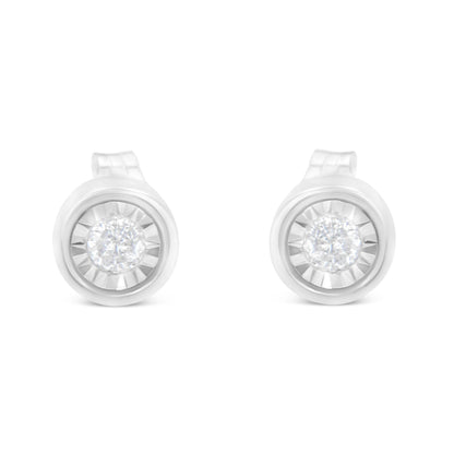 Front view of round white gemstone stud earrings in white metal setting.