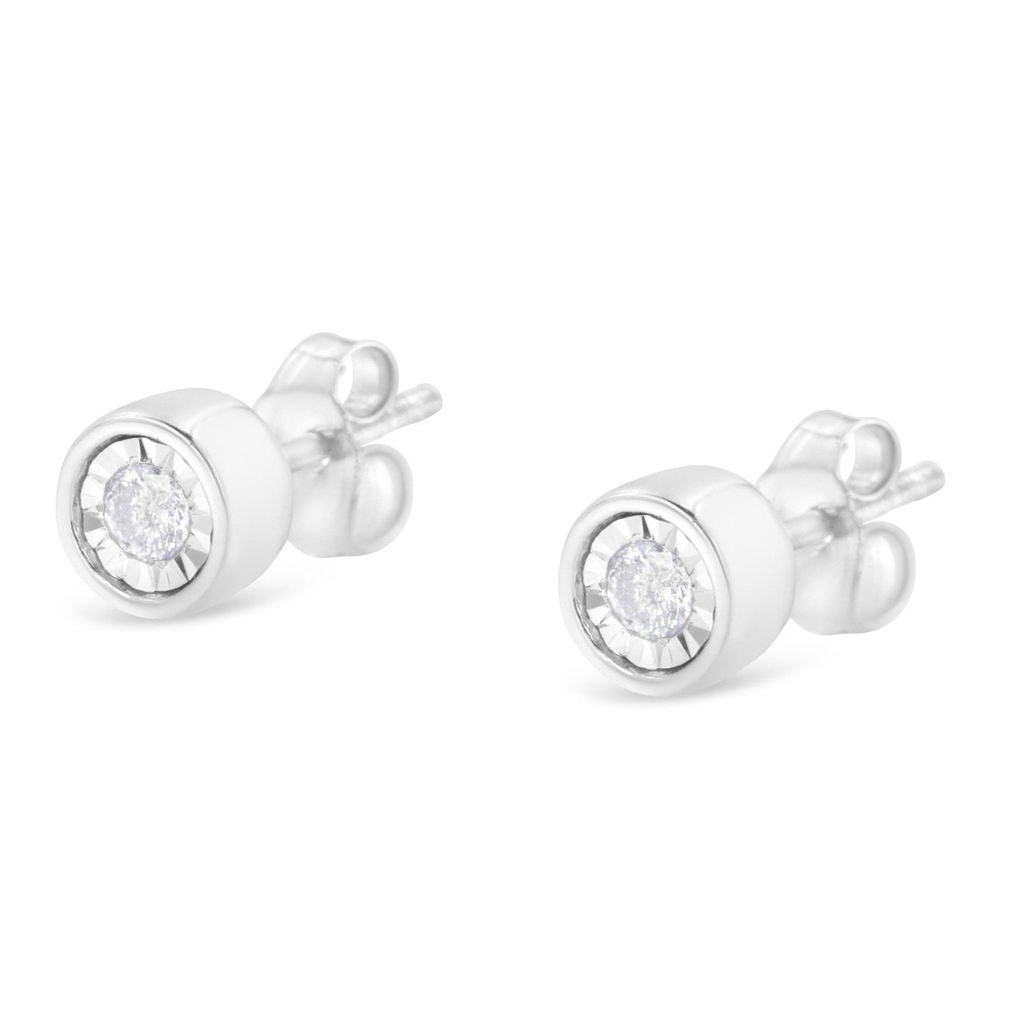 Pair of white metal stud earrings with round white gemstones in miracle settings, shown in a front angle view.