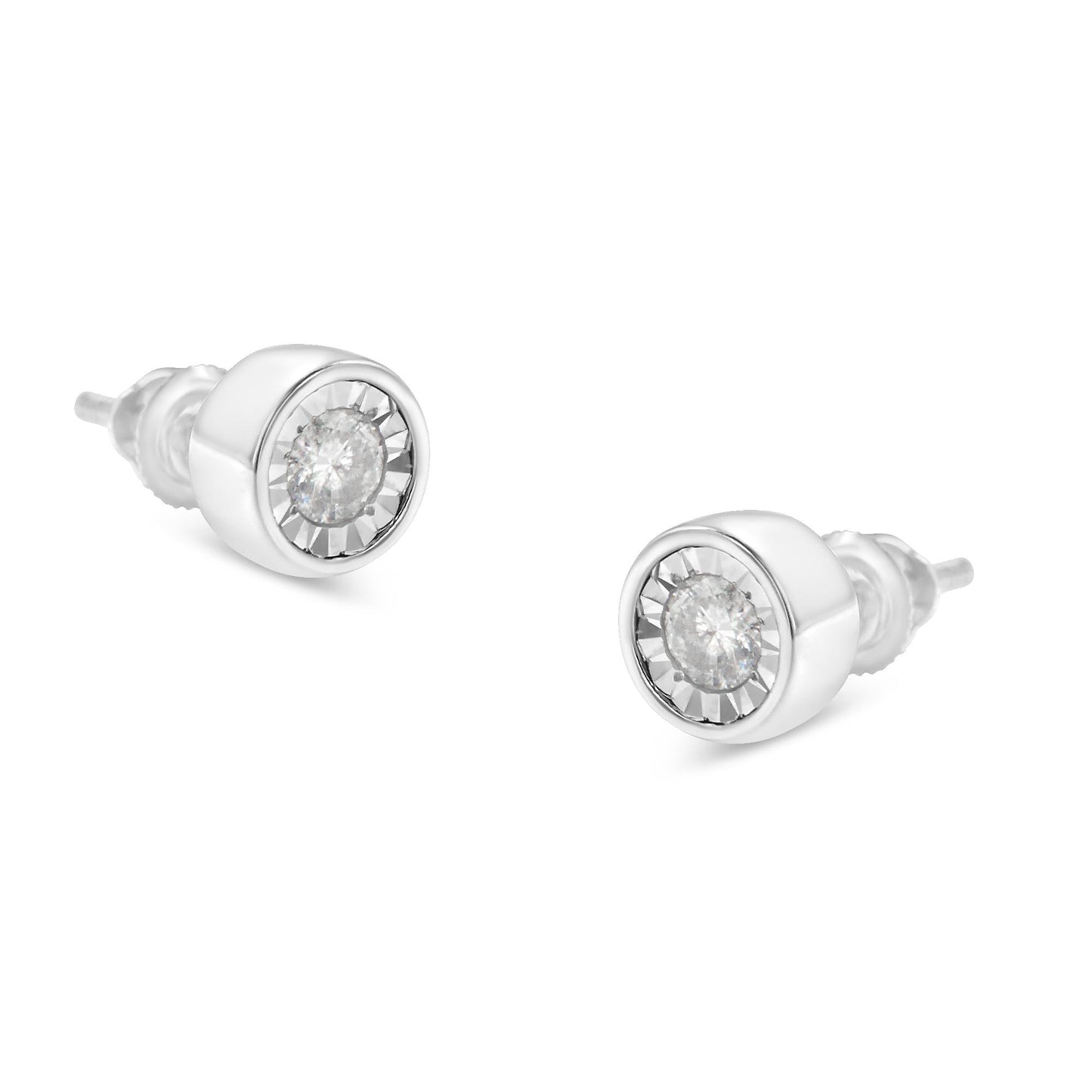 Pair of white metal stud earrings with round white gemstones set in a miracle setting, shown at a slight angle on a white background.
