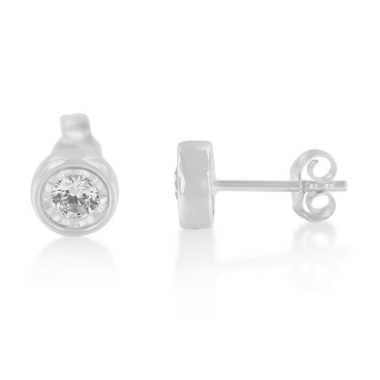 Close-up front and side view of white metal stud earrings with round white gemstones in miracle setting.
