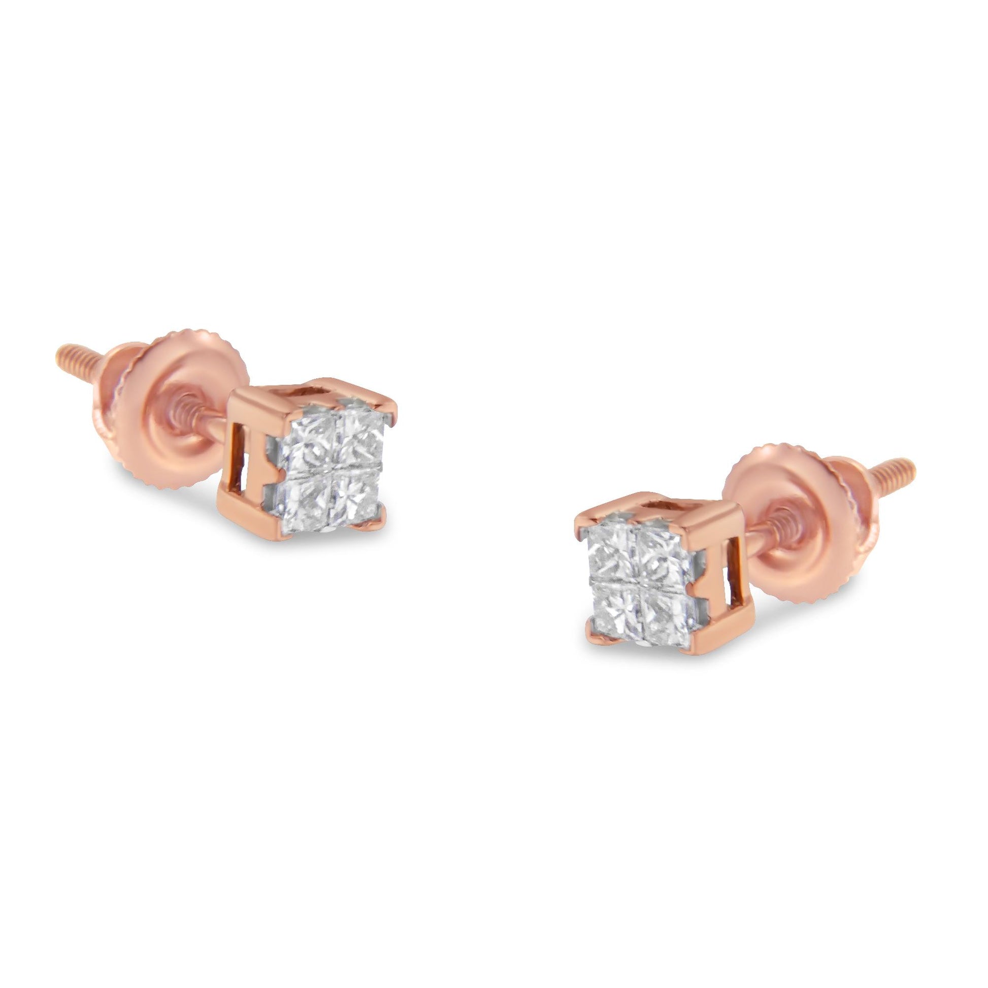 Pair of rose metal stud earrings with cluster of white square-shaped gemstones viewed from front angle.