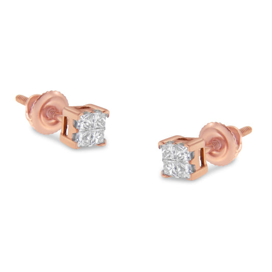 Pair of rose metal stud earrings with cluster of white square-shaped gemstones viewed from front angle.