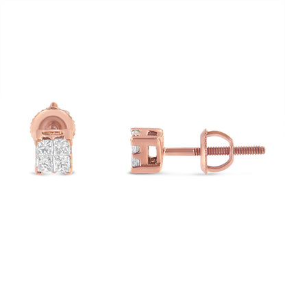 Front and side view of rose metal stud earrings with four white princess-shaped gemstones in invisible setting.