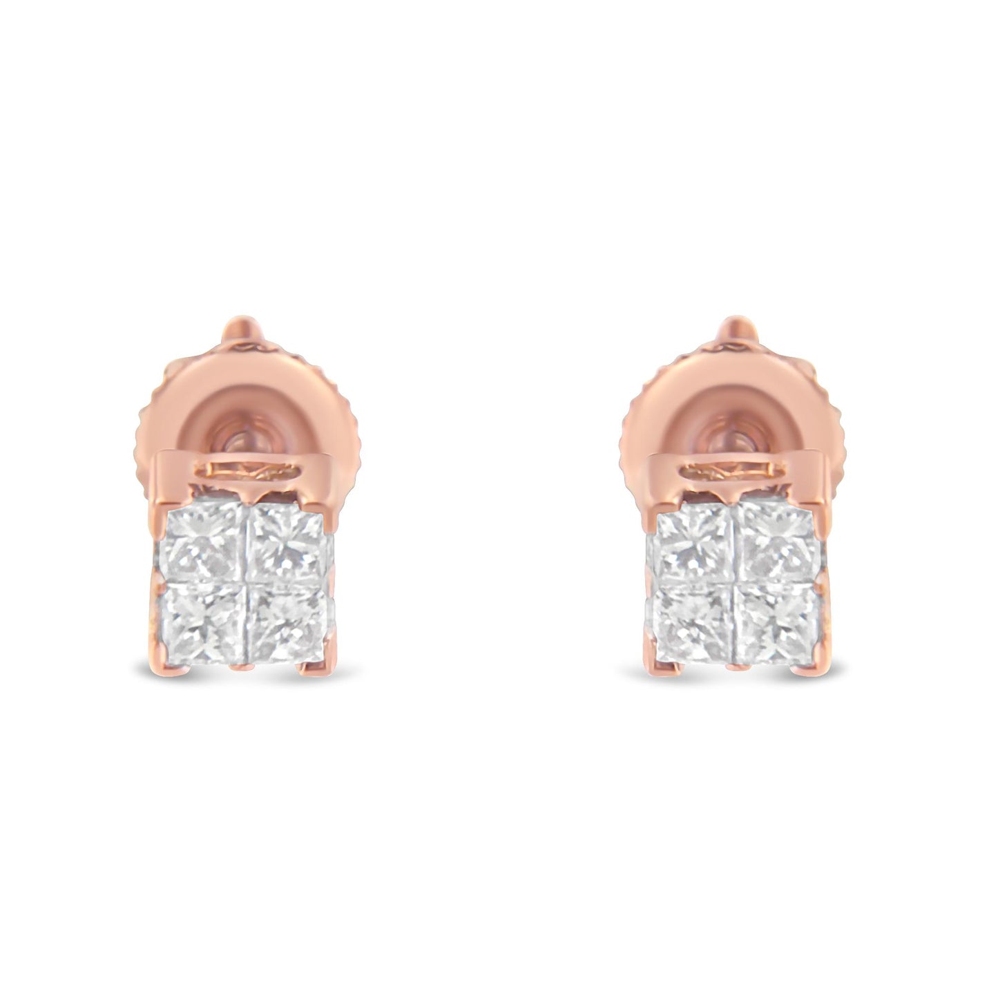 Front angle view of rose metal stud earrings with cluster of white princess-shaped gemstones in invisible setting.