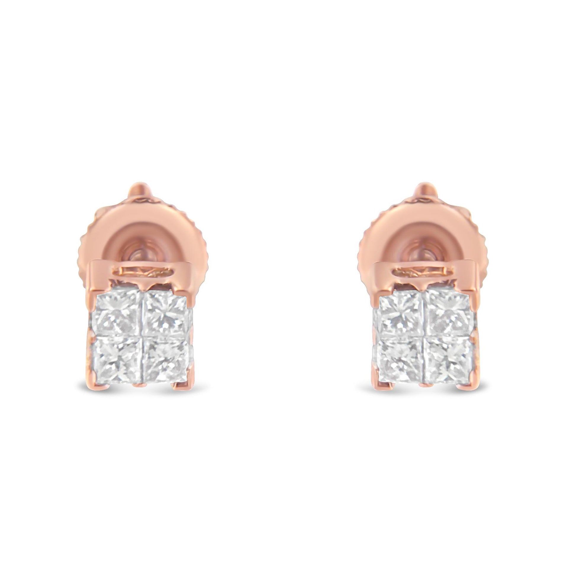 Front angle view of rose metal stud earrings with cluster of white princess-shaped gemstones in invisible setting.