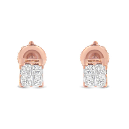 Front angle view of rose metal stud earrings with cluster of white princess-shaped gemstones in invisible setting.