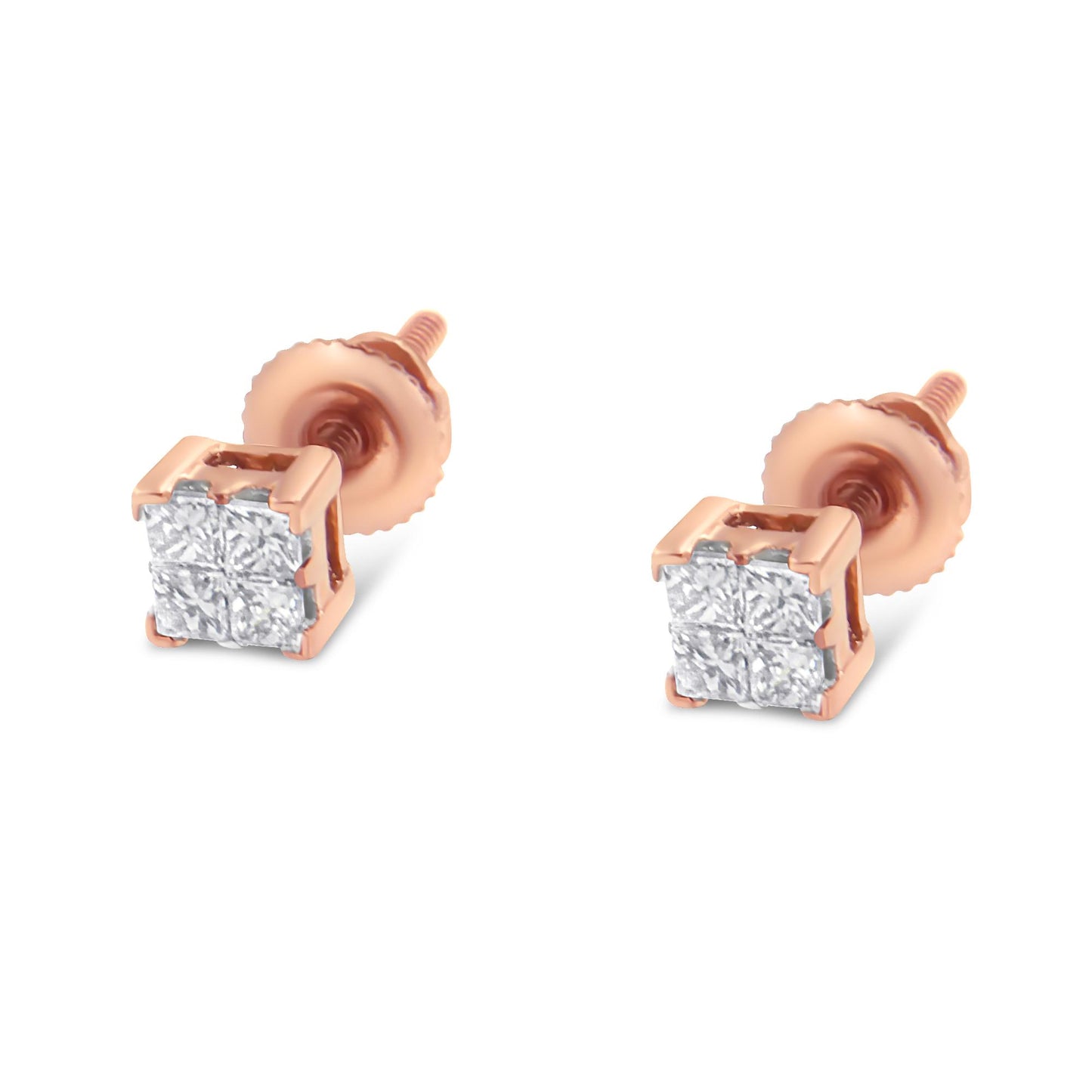 Pair of rose metal stud earrings with square cluster of white gemstones, shown from front angle.