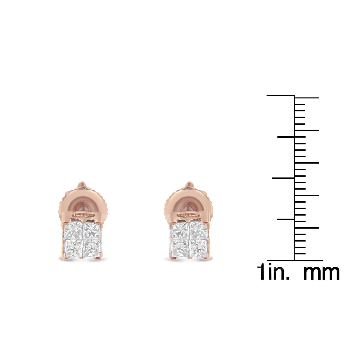 Front view of rose metal stud earrings with clustered white square-shaped gemstones, displayed next to a size ruler for scale.