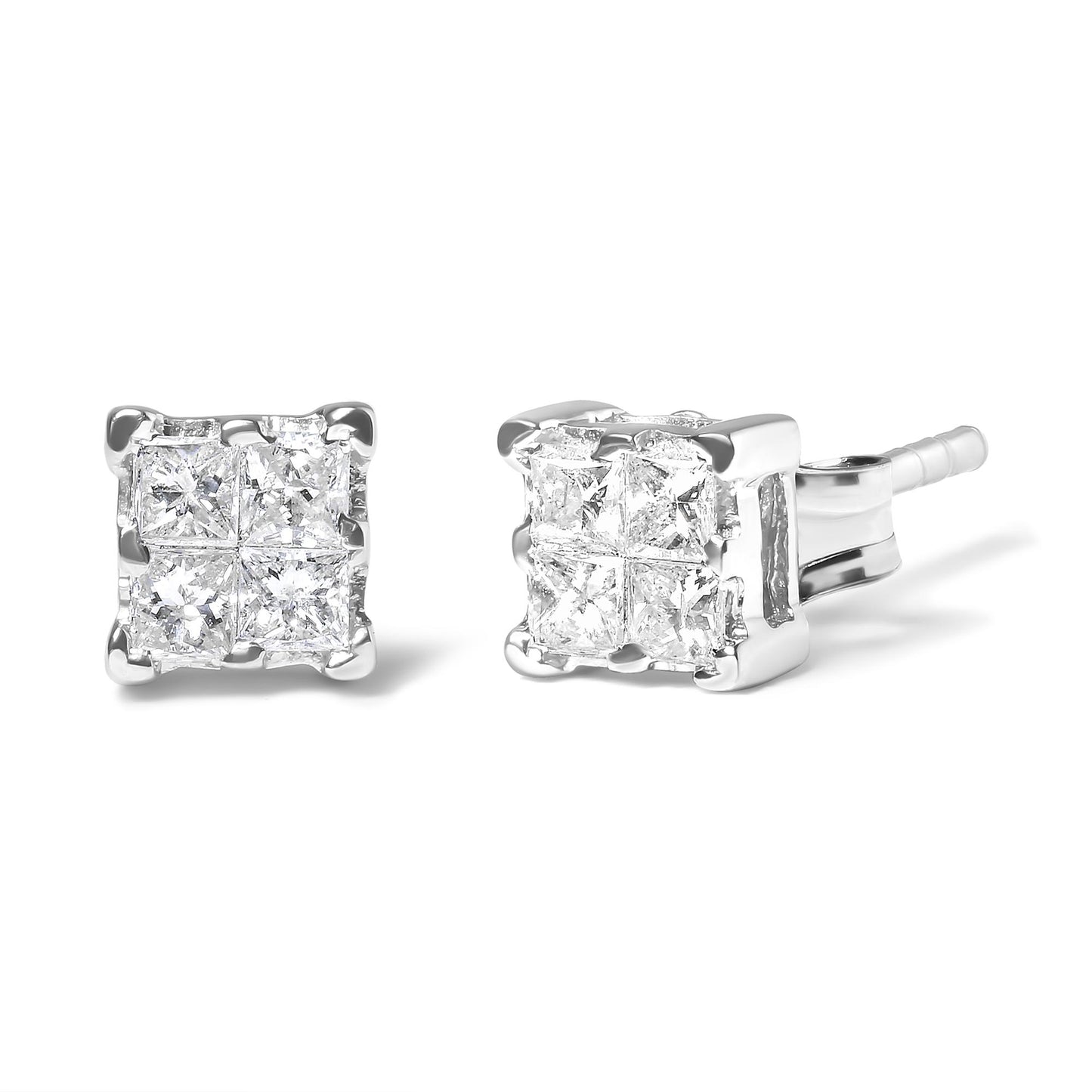 Pair of white metal square stud earrings with clusters of white princess-shaped gemstones in invisible settings, shown at a slight angle on a white background.