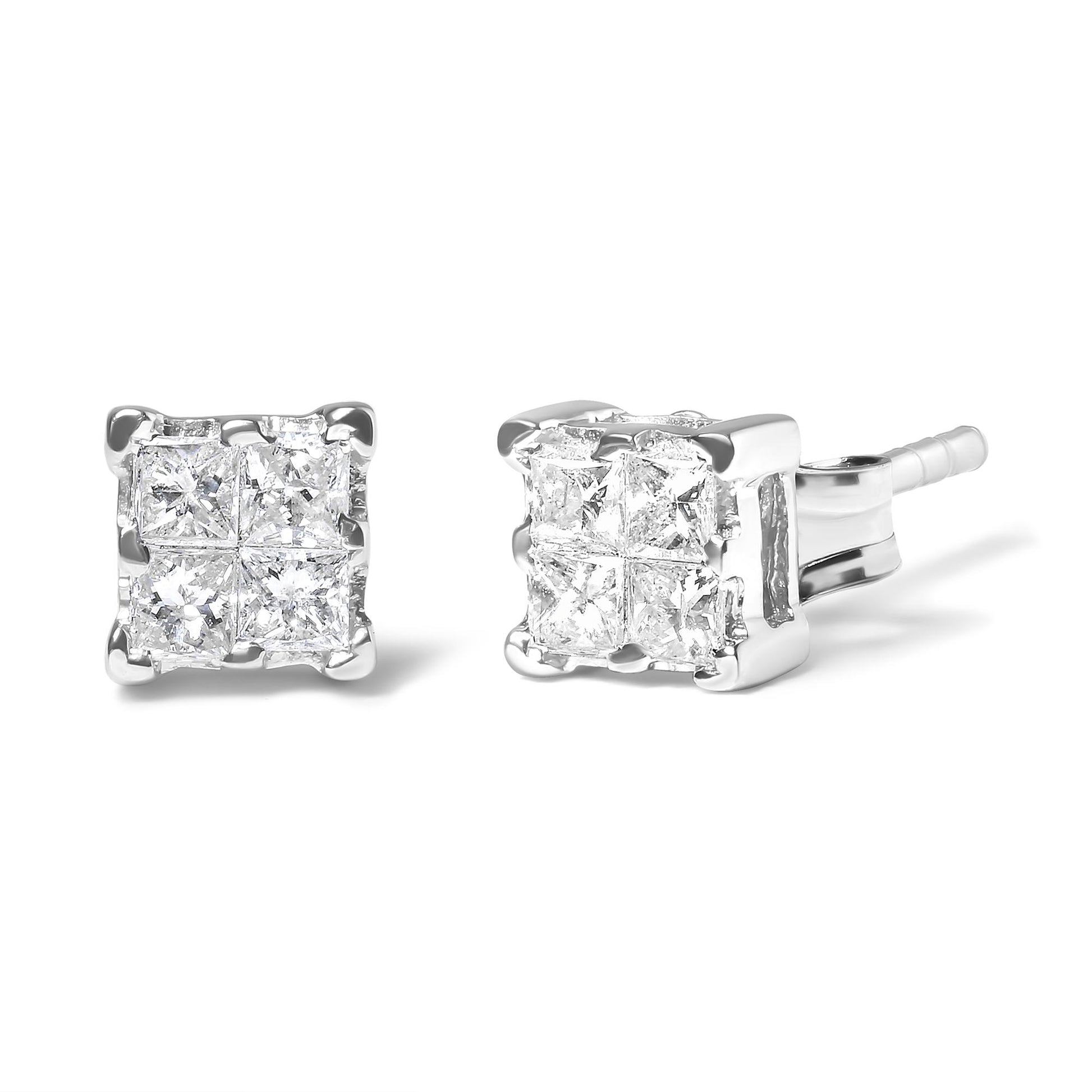 Pair of white metal square stud earrings with clusters of white princess-shaped gemstones in invisible settings, shown at a slight angle on a white background.