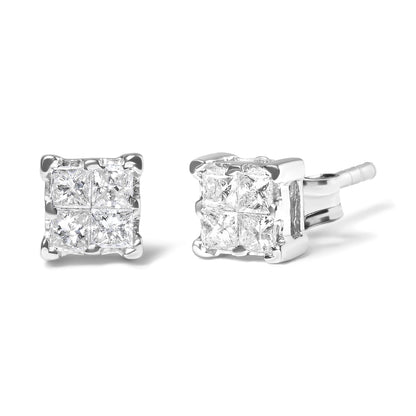 Pair of white metal square stud earrings with clusters of white princess-shaped gemstones in invisible settings, shown at a slight angle on a white background.