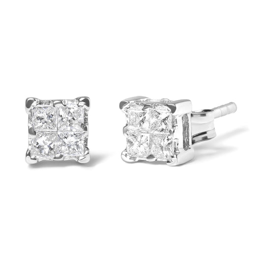 Pair of white metal square stud earrings with clusters of white princess-shaped gemstones in invisible settings, shown at a slight angle on a white background.