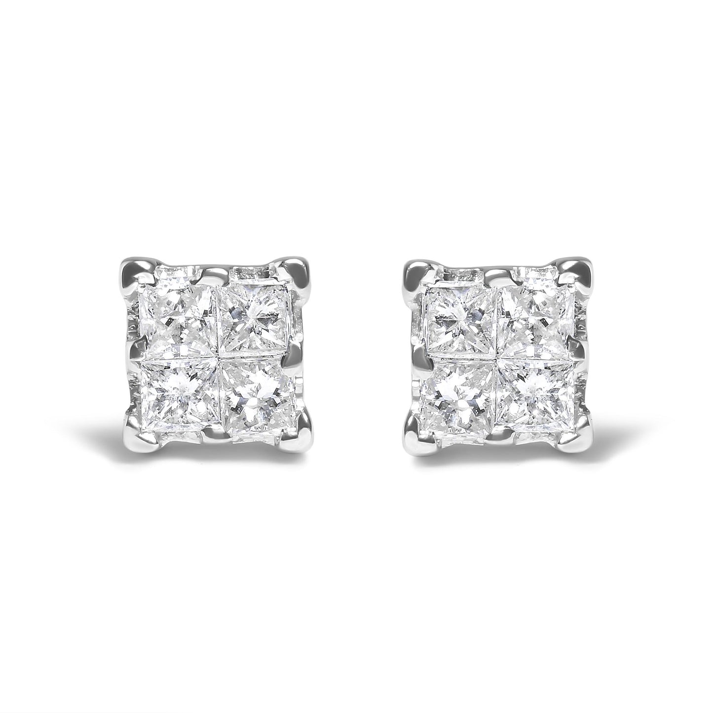 Front view of a pair of white metal stud earrings featuring square clusters of white princess shape gemstones in an invisible setting.