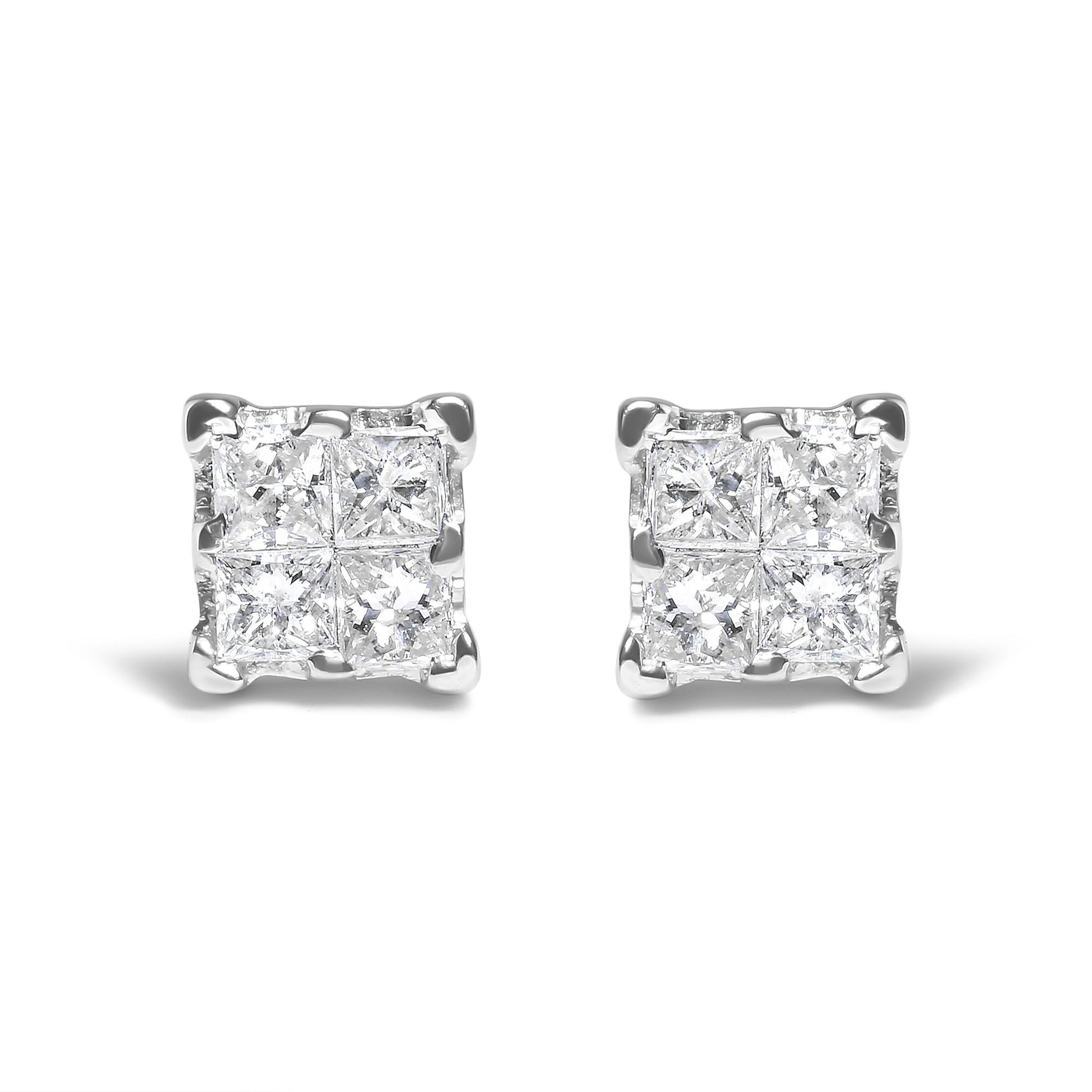 Front view of a pair of white metal stud earrings featuring square clusters of white princess shape gemstones in an invisible setting.