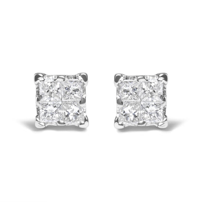 Front view of a pair of white metal stud earrings featuring square clusters of white princess shape gemstones in an invisible setting.