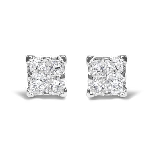 Front view of a pair of white metal stud earrings featuring square clusters of white princess shape gemstones in an invisible setting.