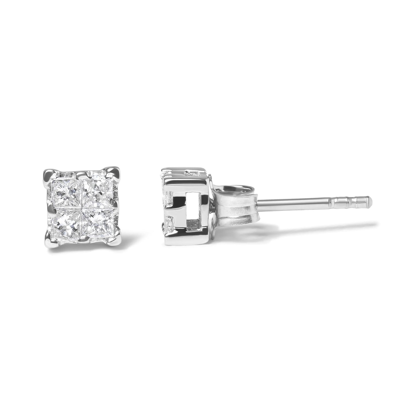 Front and side views of a white metal stud earring set with square-shaped white gemstones in an invisible setting.