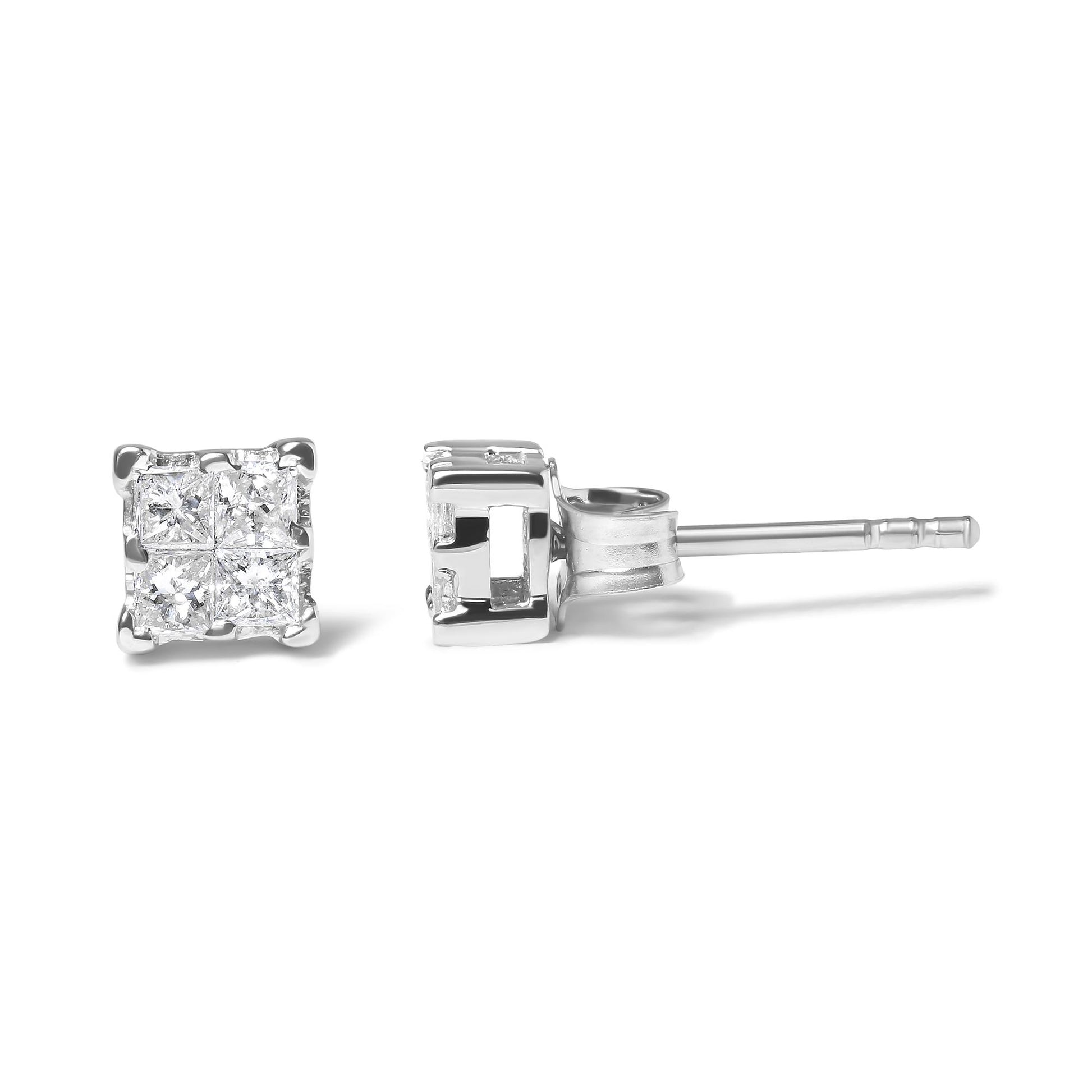 Front and side views of a white metal stud earring set with square-shaped white gemstones in an invisible setting.