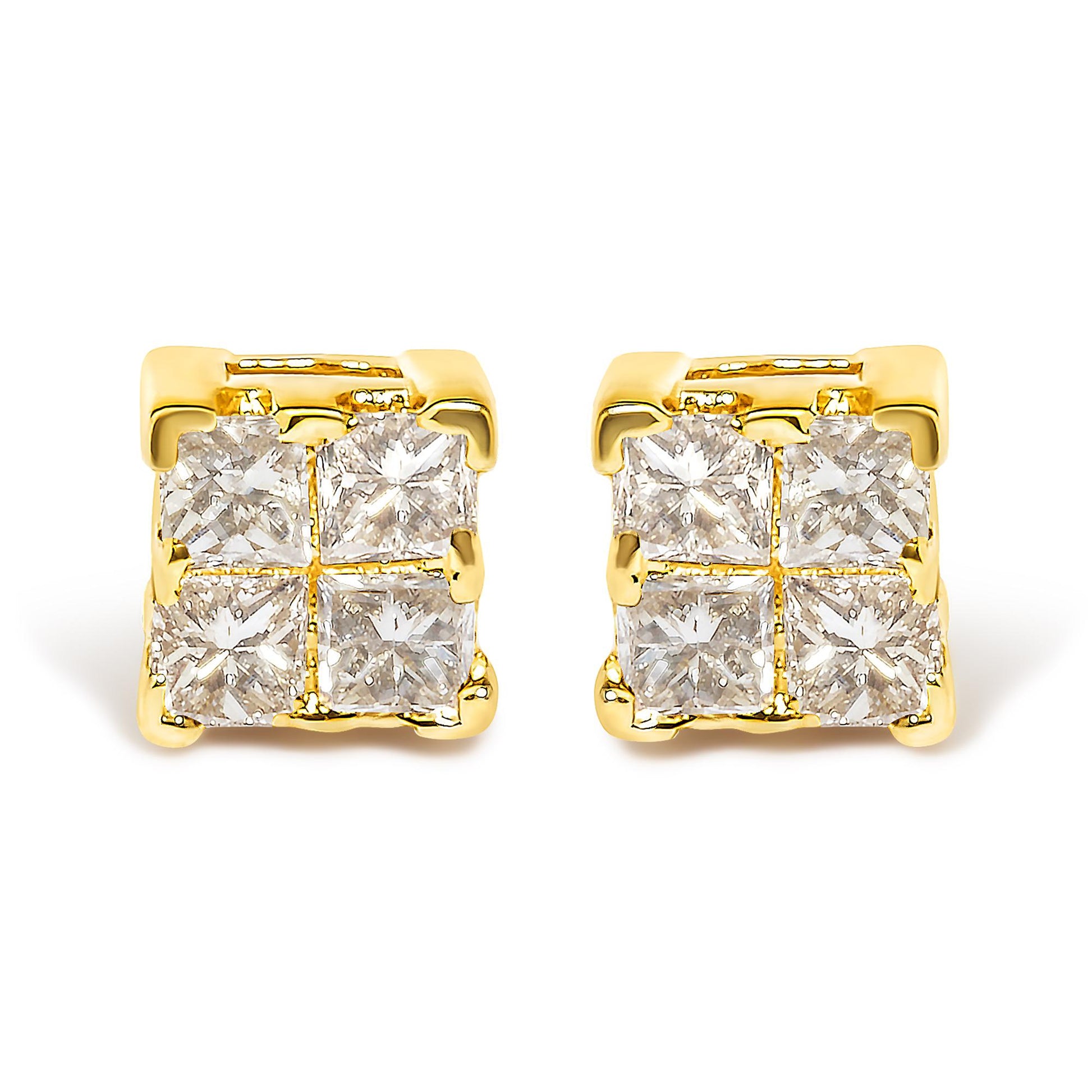 Front angle view of yellow metal square stud earrings with clusters of white princess-shaped gemstones in invisible setting.