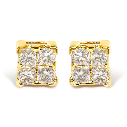 Front angle view of yellow metal square stud earrings with clusters of white princess-shaped gemstones in invisible setting.