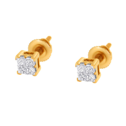 Pair of yellow metal stud earrings with square cluster of white gemstones viewed from a front angle.