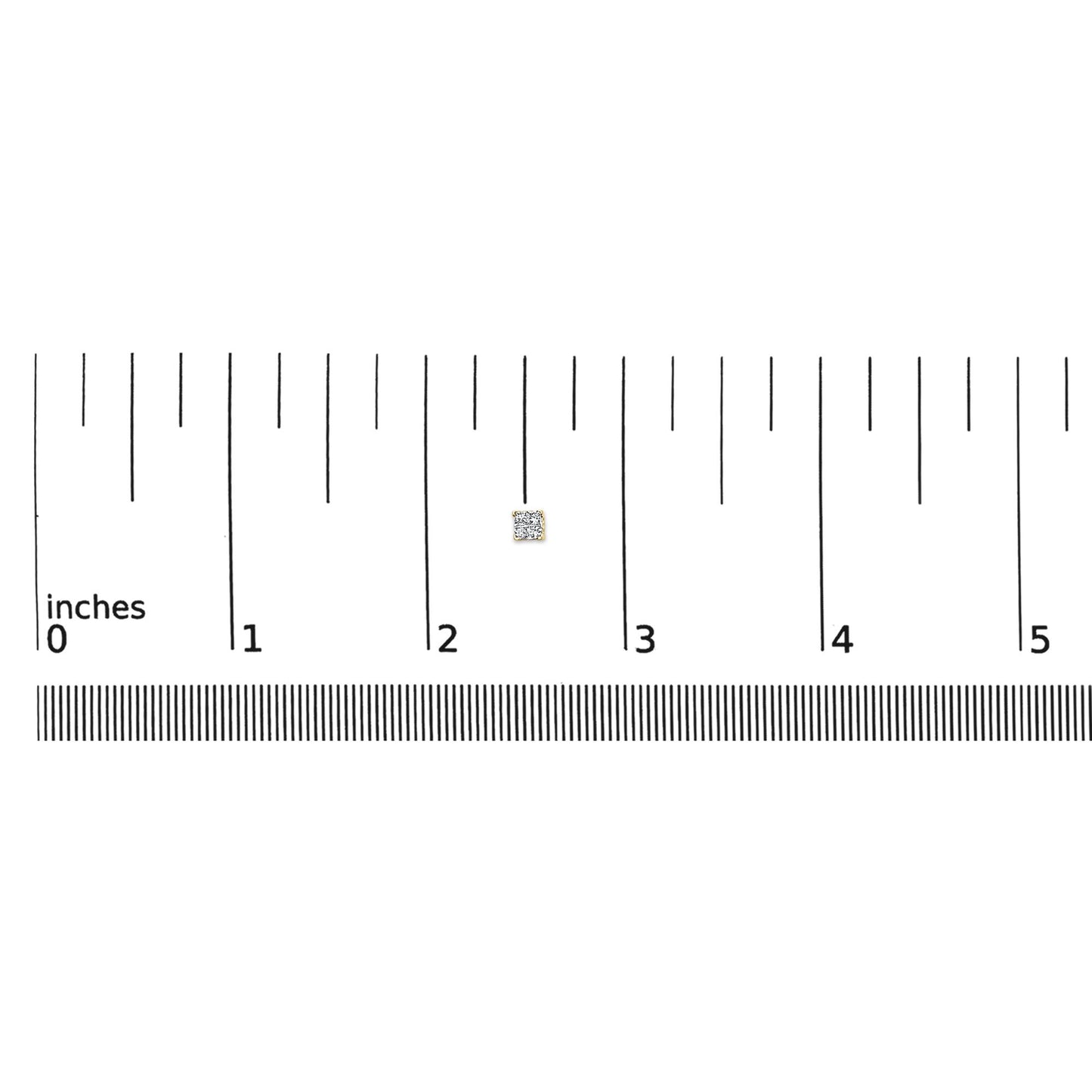 Close-up front view of a yellow metal earring with a white princess shape gemstone in an invisible setting, placed on a ruler for size reference.
