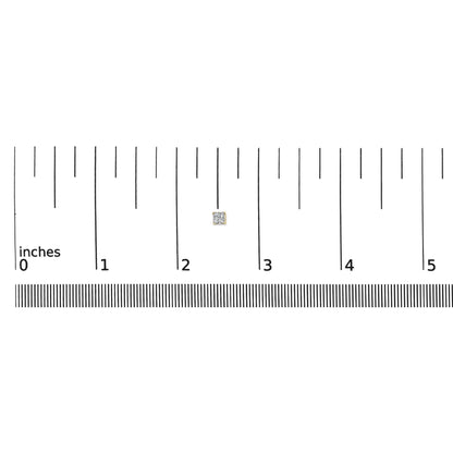 Close-up front view of a yellow metal earring with a white princess shape gemstone in an invisible setting, placed on a ruler for size reference.