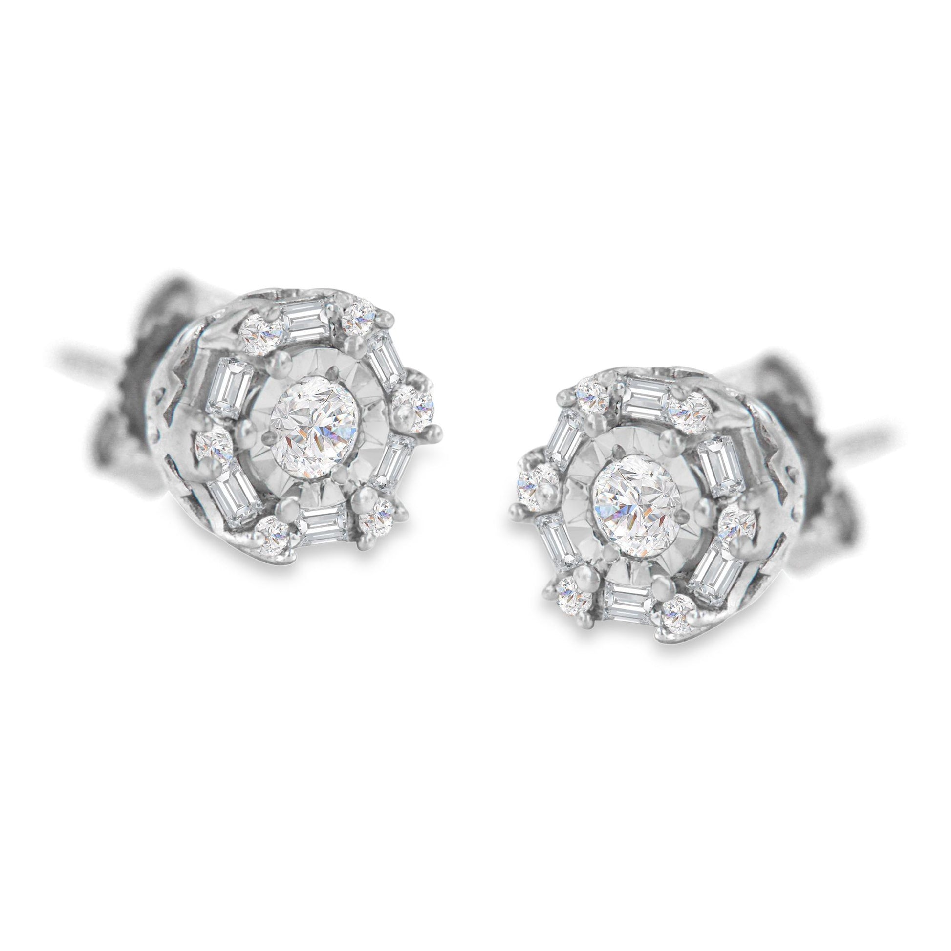 Close-up front angle of white metal stud earrings featuring a central round white gemstone with invisible setting, surrounded by alternating round white gemstones with miracle setting and baguette-shaped white gemstones with channel setting.