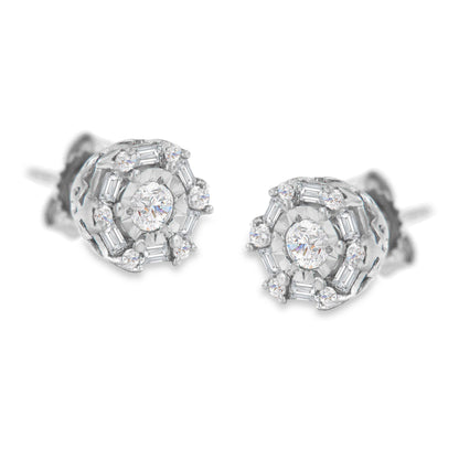 Close-up front angle of white metal stud earrings featuring a central round white gemstone with invisible setting, surrounded by alternating round white gemstones with miracle setting and baguette-shaped white gemstones with channel setting.