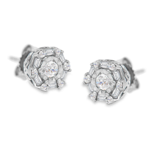 Close-up front angle of white metal stud earrings featuring a central round white gemstone with invisible setting, surrounded by alternating round white gemstones with miracle setting and baguette-shaped white gemstones with channel setting.
