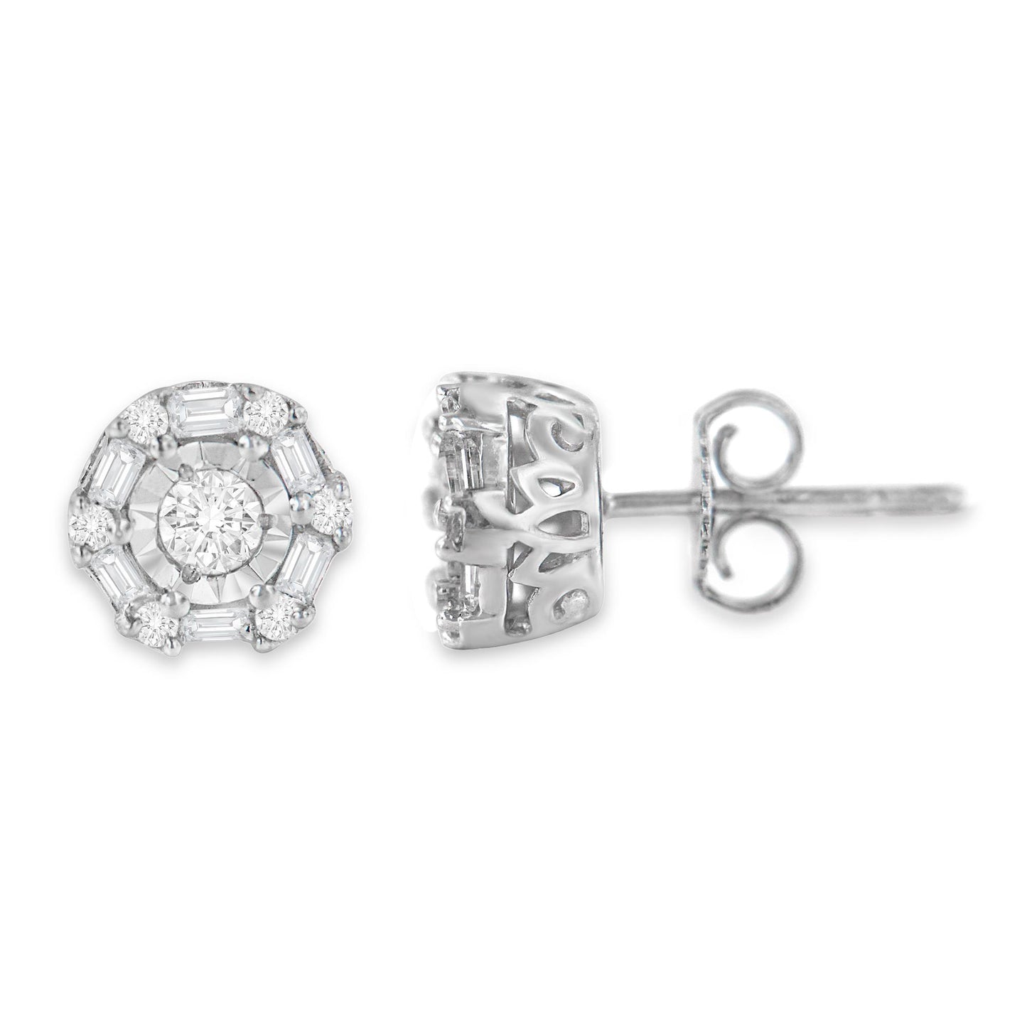 Pair of white metal stud earrings with round and baguette shaped white gemstones in various settings, front and side views, isolated on white background.