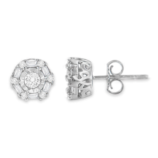 Pair of white metal stud earrings with round and baguette shaped white gemstones in various settings, front and side views, isolated on white background.
