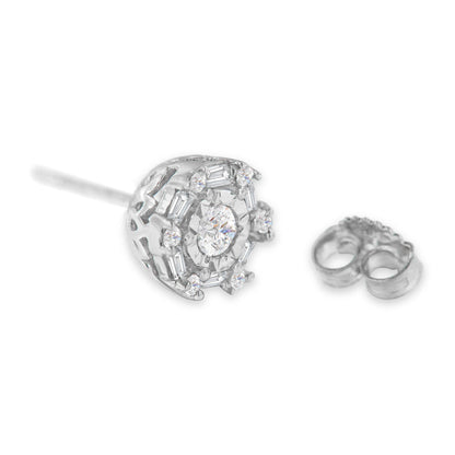 Close-up front angle of a white metal stud earring with a central round gemstone in invisible setting, surrounded by round and baguette-shaped white gemstones in miracle and channel settings, with a separate earring backing next to it.