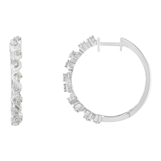 White metal hoop earrings with prong-set round white gemstones, shown from side and front angles.