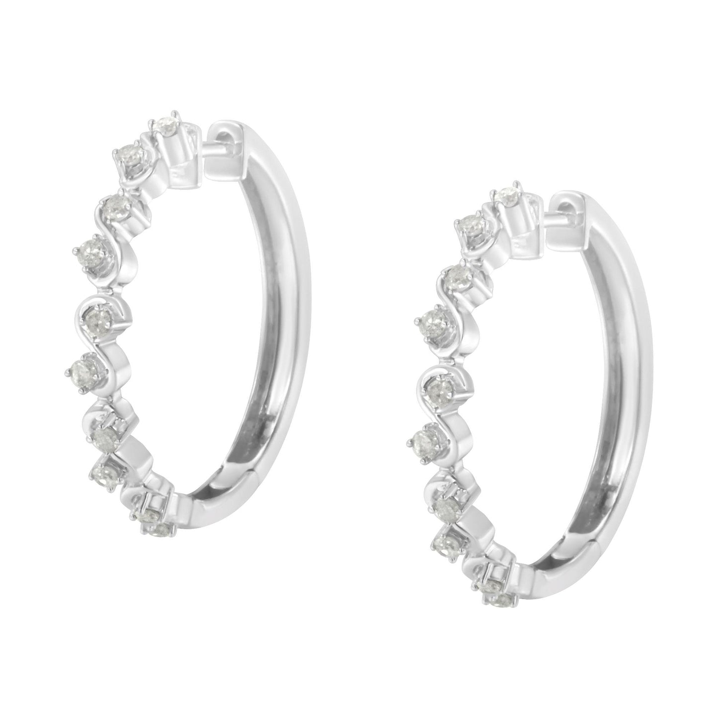 Pair of white metal hoop earrings with prong-set round white gemstones along the front, shown from a front angle on a white background.