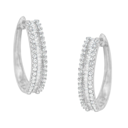 Front-facing pair of white metal hoop earrings with pave-set round white gemstones flanking channel-set baguette white gemstones along the outer curve.