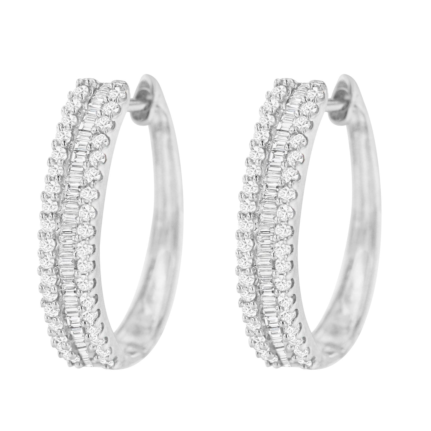 Pair of white metal hoop earrings with round and baguette-shaped white gemstones, shown in a front-facing close-up angle.