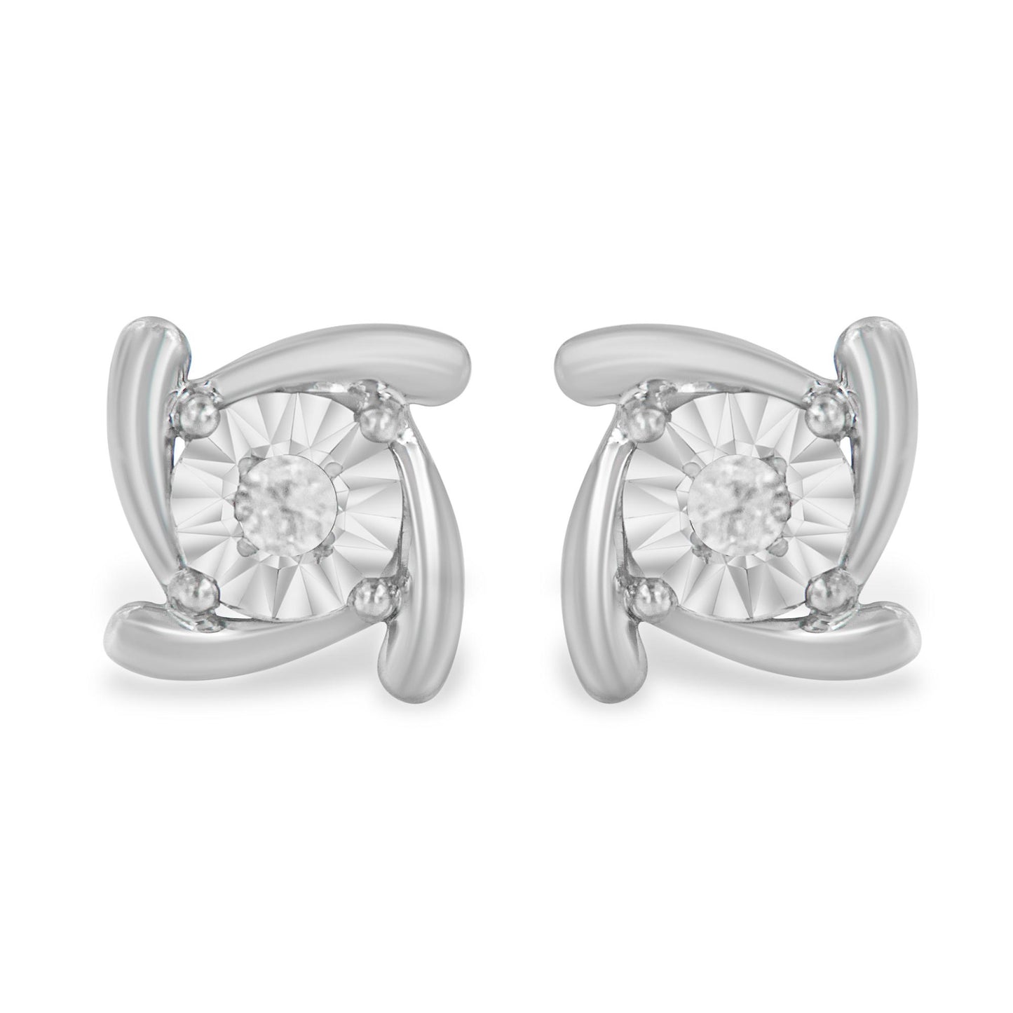 Front view of a pair of white metal stud earrings with a round white gemstone in the center held by miracle setting accents.