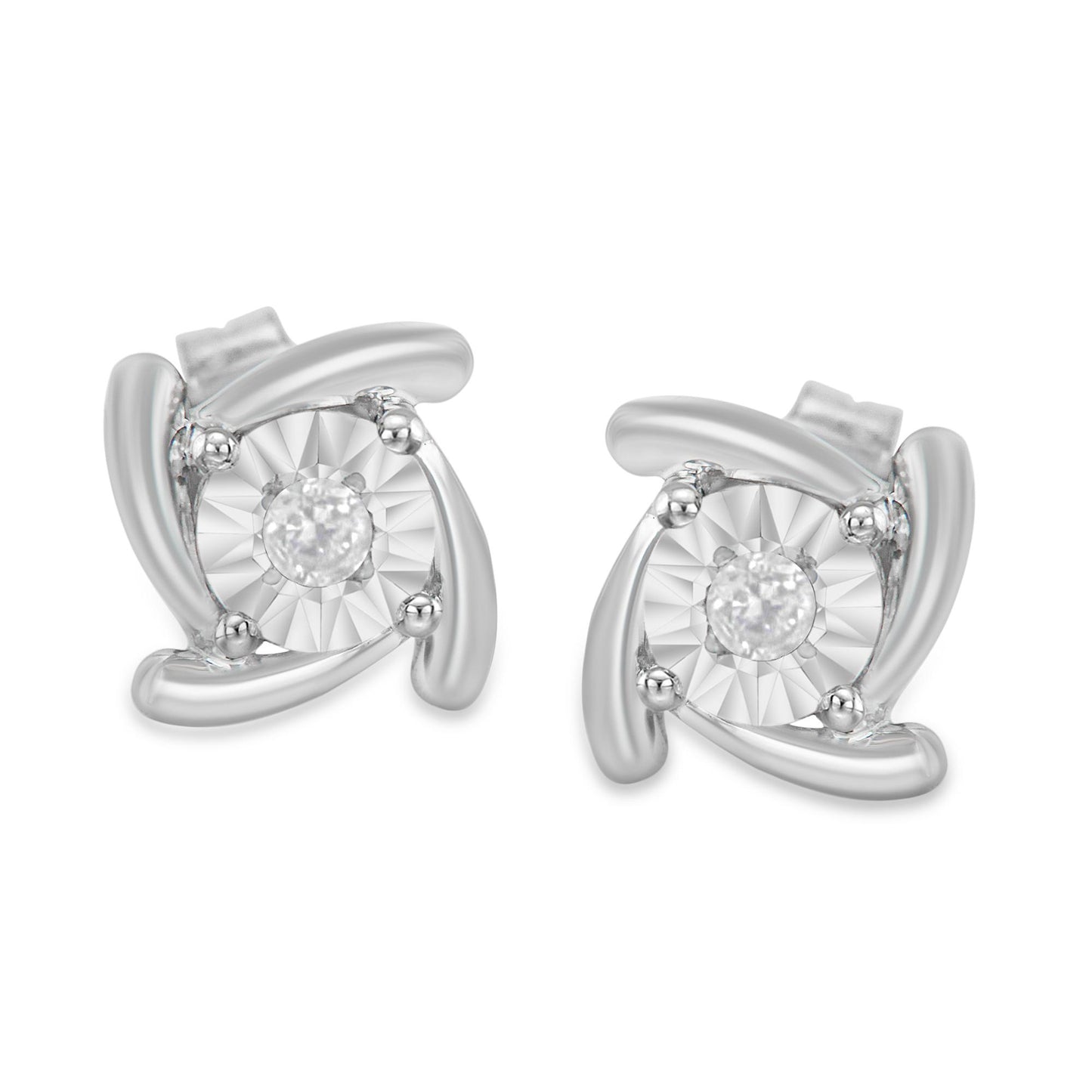 Pair of white metal stud earrings with round white gemstones in miracle settings, shown from front angle.