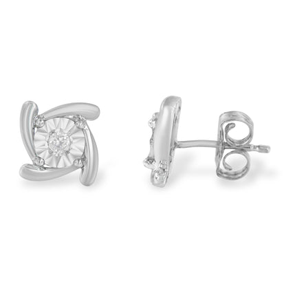 Pair of white metal stud earrings with round white gemstone in miracle setting, shown from front and side angles.